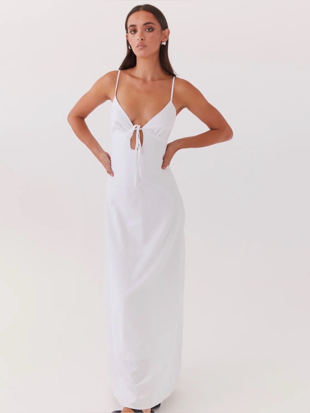 Peppermayo Flora White Linen Blend Tie-Front Open Back Maxi Dress US 10
